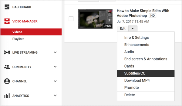 Naviger til din YouTube-video, og vælg Undertekster / CC i rullemenuen Rediger.