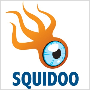 Dette er et screenshot af Squidoo-logoet, som er en orange væsen med fire tentakler og et stort blåt øjeæble.