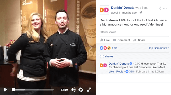 Dunkin Donuts bruger Facebook Live-video til at tage fans bag kulisserne.