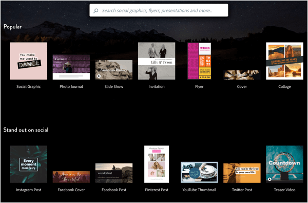 Adobe Spark tilbyder en række skabeloner, der kan tilpasses til dine sociale mediebilleder.