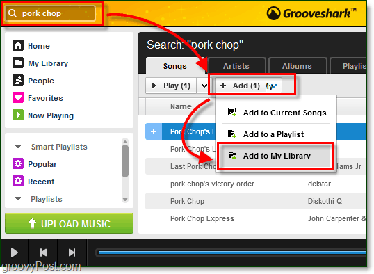 tilføj søgte sange til dit Grooveshark musikbibliotek