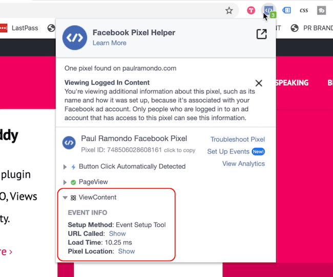 Facebook Pixel Helper, der viser sidevisning og indholdshændelser