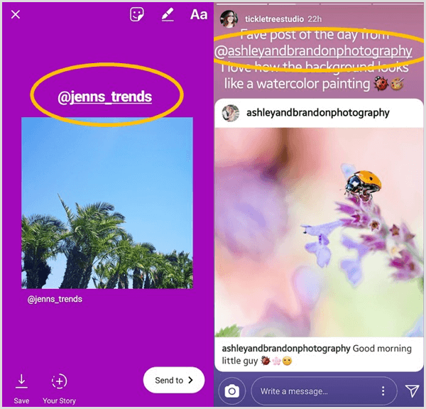 Tilføj et tekstfelt, der viser den oprindelige bruger, og tag dem i et videredelt Instagram-indlæg.