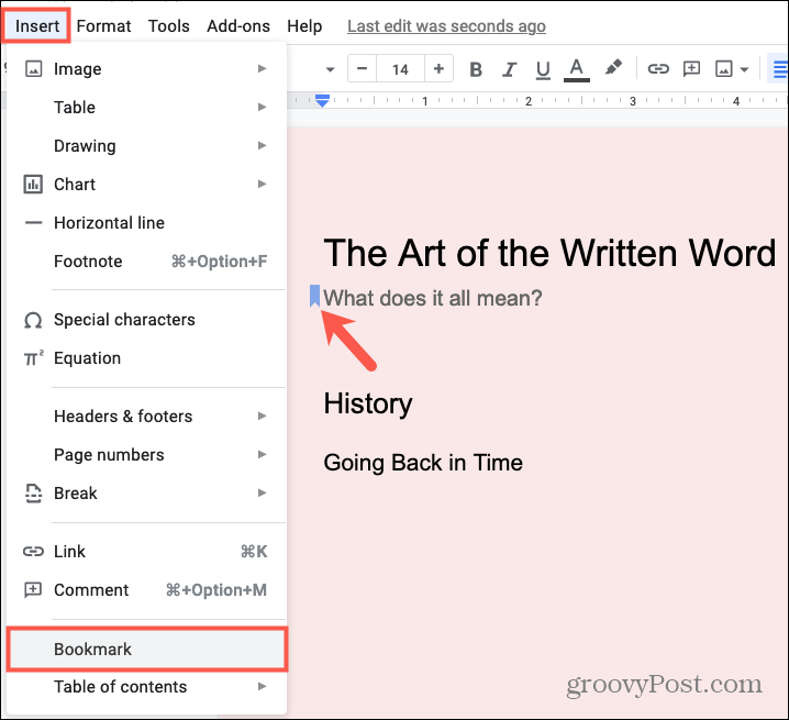 Indsæt et bogmærke i Google Docs