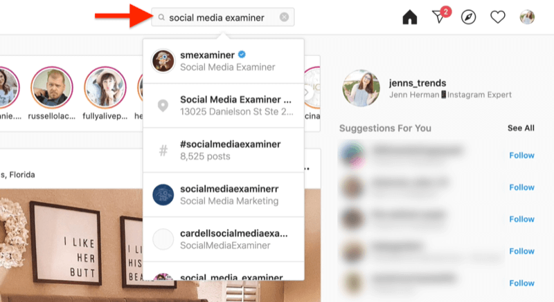 skrivebordsskærmbillede, der viser en søgning efter en instagram-konto ved hjælp af søgeudtryk for social media examiner