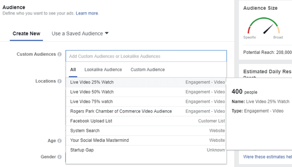 Når du vælger en målgruppe til din Facebook-annonce, skal du sørge for at vælge den tilpassede målgruppe for personer, der har set dine livevideoer.