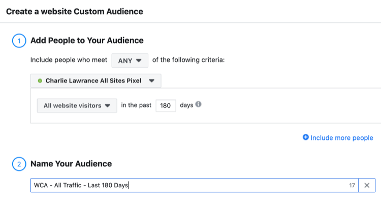oprette Facebook-websted tilpasset målgruppe for alle besøgende i de sidste 180 dage