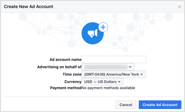 Brug dit firmanavn, når du bliver bedt om at navngive din nye Facebook-annoncekonto.