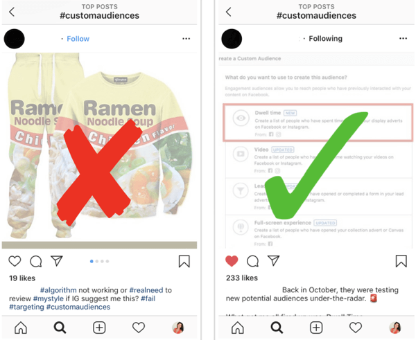 Sådan strategisk vokser din Instagram efter, trin 12, find relevante eksempelindlæg, eksempel på gode og dårlige indlæg