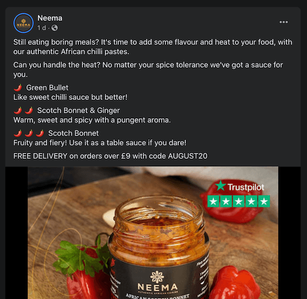 facebook-indlæg af neema, der diskuterer deres forskellige chili-pastaer og tilbyder rabat