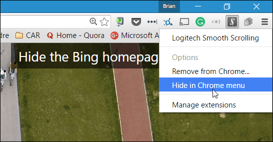 Skjul i Chrome-menuen