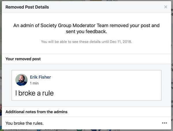 Det ser ud til, at Facebook Groups giver administratorer en mulighed for at dele årsagen til, at et indlæg blev fjernet til den person, der postede det.