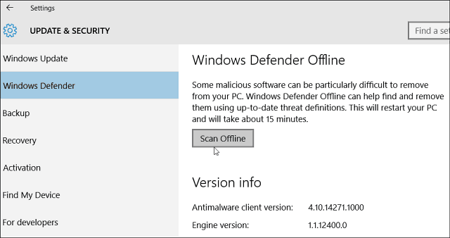 Windows 10 Defender tillader offline scanning efter malware