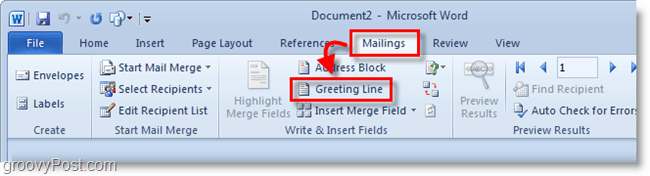 Outlook 2010-skærmbillede - klik på hilsen-linjen under forsendelser