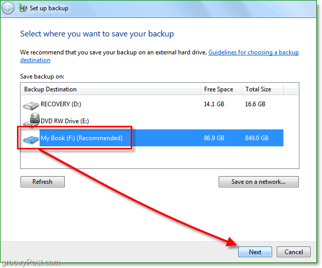 Windows 7 Backup - vælg en sikkerhedskopi placering
