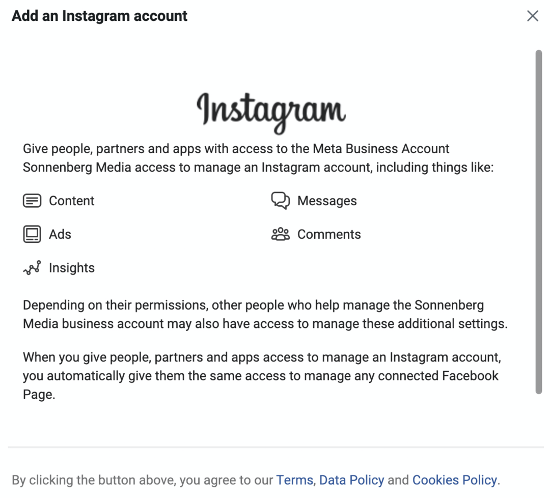 billede af skærmen Tilføj en Instagram-konto i Meta Business Manager