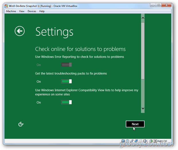 VirtualBox Windows 8 privatlivsindstillinger online-løsninger