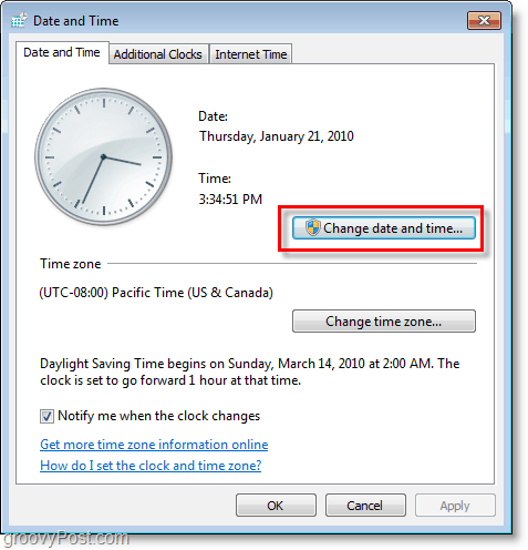 Windows 7-skærmbillede - ændre dato og klokkeslæt