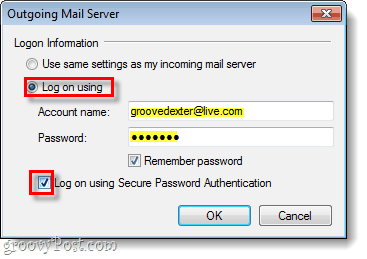Windows Live Mail udgående server