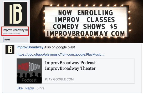 Bemærk, at ImprovBroadways Facebook-side har et gråt flueben ud for sit navn øverst; det vises dog ikke ved siden af ​​navnet i indlæg eller kommentarer.