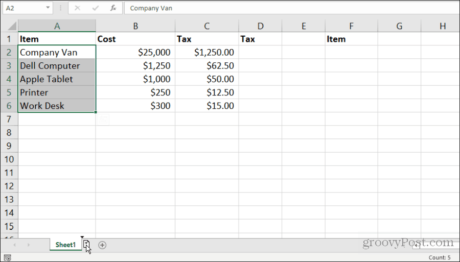kopiering af et ark i Excel