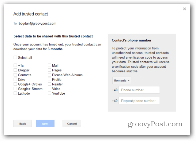 Google Inactive Account Manager-kontaktverifikation