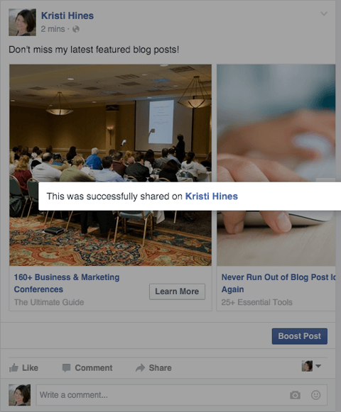 facebook-karruselannonce deles som en sidebekræftelsesmeddelelse