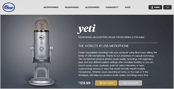 Dusty Porter anbefaler at opgradere til en USB-mikrofon som Blue Yeti. På den blå salgsside for Yeti-mikrofonen vises et billede af en krommikrofon på en stativ mod en mørkegrå baggrund. Prisen er angivet som $ 129,00.