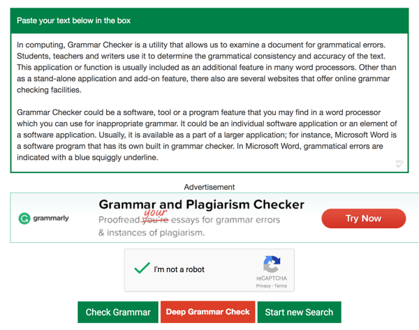 Indsæt din tekst i tekstfeltet Grammar Checker, og klik på Check Grammar.