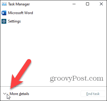 Klik på Flere detaljer i Task Manager