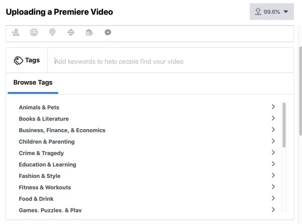 Sådan opsættes Facebook Premiere, trin 4, videotags