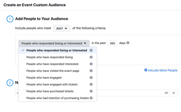 Sådan promoverer du din livebegivenhed på Facebook, trin 11, skab en brugerdefineret publikumsgruppe af mennesker, der reagerede på din begivenhed eller interesserede dem