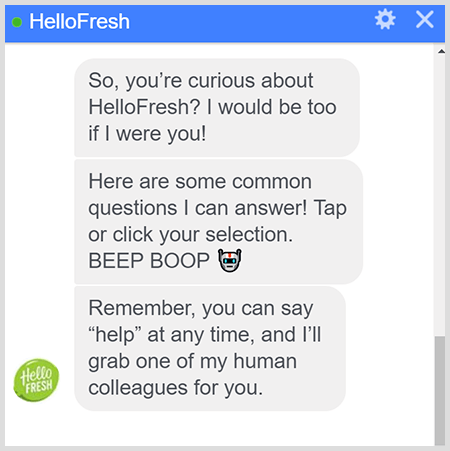 HelloFresh Messenger-bot forklarer, hvordan man taler med et menneske.