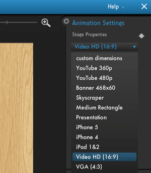 Klik på menuen Indstillinger for moovly animation for at se mulighederne for optimering af videoplatform.
