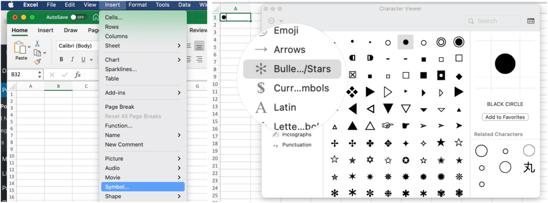 Indsæt kugler i Microsoft Excel på Mac
