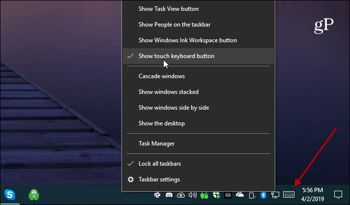 Windows 10 Vis touch-tastaturknap