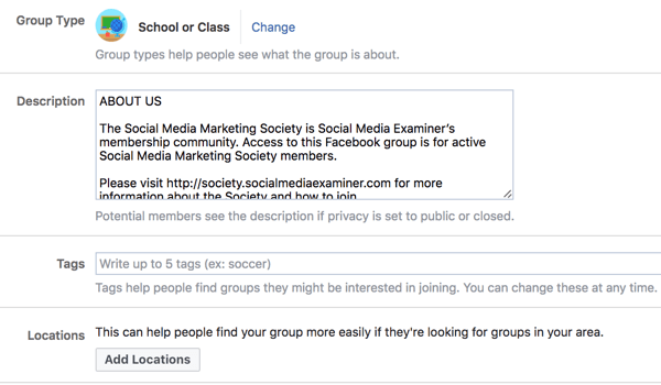 Giv yderligere oplysninger om din Facebook-gruppe for at gøre det lettere for folk at opdage det.