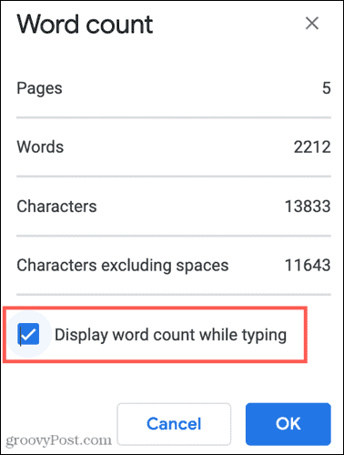Vis ordtællingen, mens du skriver i Google Docs