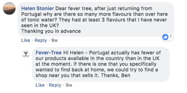 Eksempel på febertræ, der reagerer på en kundes spørgsmål i et Facebook-indlæg.