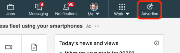 skærmbillede af knappen Annoncer på LinkedIn