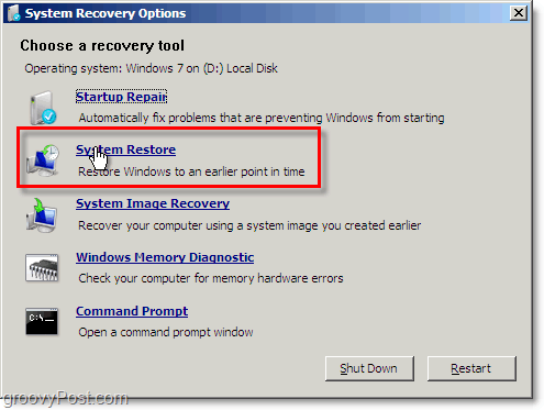 Windows 7-systemgendannelse er let tilgængelig fra reparationsboto-tilstand