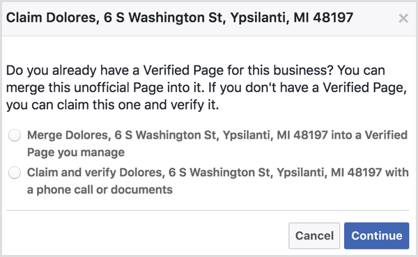 Vælg muligheden for at flette en uofficiel stedsside med en verificeret Facebook-side, du administrerer.