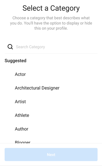 Instagram Creator Profile Kategorivalg, trin 1.