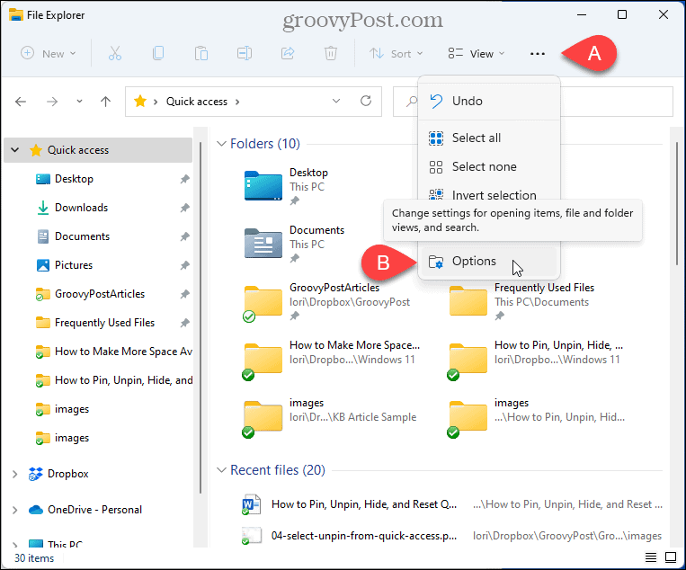 Vælg Indstillinger i File Explorer