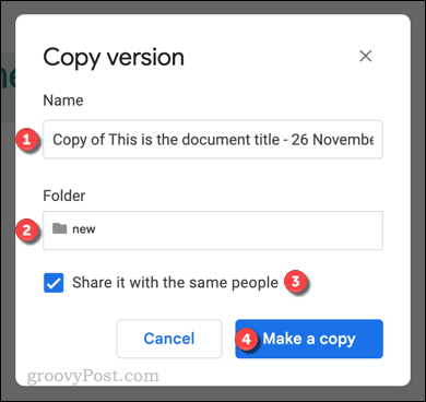 Kopiering af versionen af ​​en Google Docs-fil