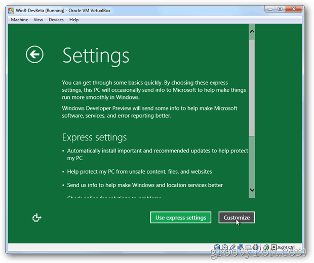 VirtualBox Windows 8 udtrykke eller tilpasse opsætning