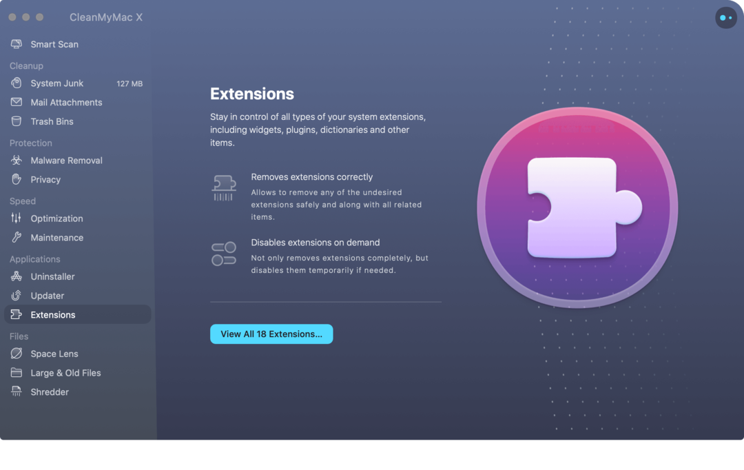 CleanMyMac X-udvidelser fjernet