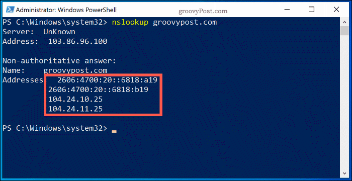 NSlookup-kommandoen i et Windows 10 PowerShell-vindue, der viser oplysningsoplysninger om navneserver for Groovypost.com