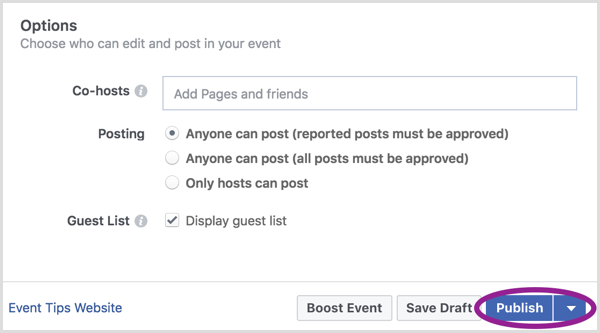 Når du er færdig med at oprette din Facebook-begivenhed, skal du klikke på Publicer.