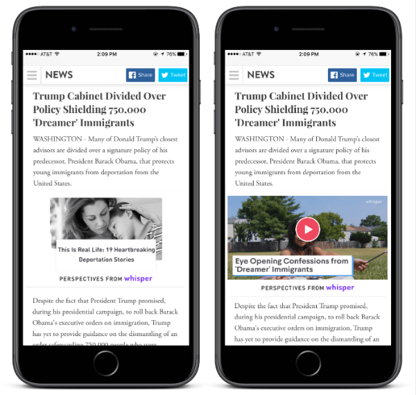 Med Whispers nye Perspectives-widget kan enhver udgiver føje til en artikel for at give deres læsere kontekstrelevante perspektiver fra millioner af Whisper-brugere.